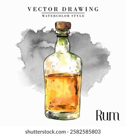 Rum Bottle Vintage Watercolor Style Stock Vector Illustration