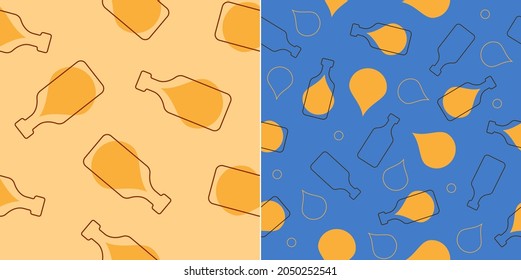 Rum Flaschen mit Alkoholtropfen nahtlos Muster. Line Art Stil. Rahmenbild. Zwei Wiederholvorlagen. Party-Getränke. Farbillustration auf weißem Hintergrund. Flaches Design für jeden Zweck. Vektorgrafik.