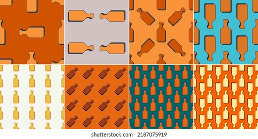 Rum bottles seamless pattern. Line art style. Outline image. Set colored repeat template. Party drinks concept. Illustration on color background. Flat design style for any purposes. Vector.
