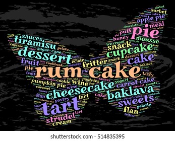 Rum cake. Word cloud, butterfly, grunge background.  Food concept.