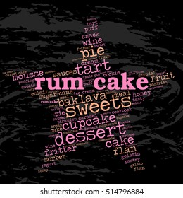 Rum cake. Word cloud, star, grunge background. Food for celebrities.