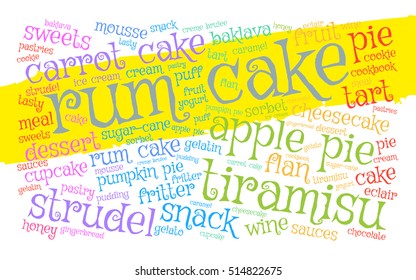 Rum cake. Word cloud, yellow stripe, white background. Food concept.