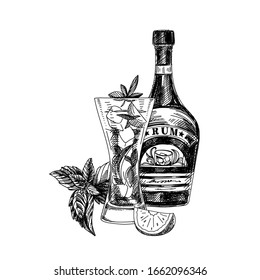 Rum: composition with bottle, glass and mojito ingredients, hand drawn retro vector illustration. Template for bar menu design, vintage sketch on white background.