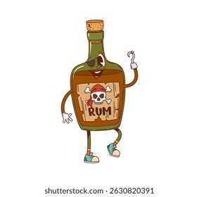 Rum drink bottle pirate groovy cheerful character. Bar distilled booze cheerful retro vector mascot, alcohol drink happy groovy personage. Rum bottle pirate with hook and eye patch funny character