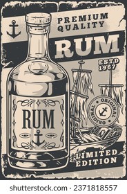 Rum drink monochrome vintage sticker with bottle of alcohol popular among sailors near abandoned pirate ship vector illustration