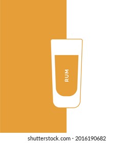 Rum-Glas im minimalistischen linearen Stil mit Text. Kontur der Glaswaren auf der rechten Seite in Form einer feinen Linie. Getränk wird in Form von Form mit farbiger Füllung dargestellt. Einzelbild auf weißem Hintergrund

