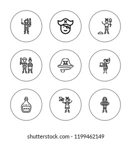 Rum icon set. collection of 9 outline rum icons with pirates, pirate icons. editable icons.