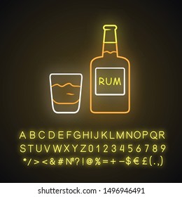 Rum neon light icon. Bottle and old-fashioned glass with alcoholic drink. Alcohol bar beverage consumed for cocktails. Glowing sign with alphabet, numbers and symbols. Vector isolated illustration