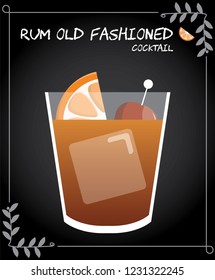 Rum old fashioned cocktail illustration vector with orange wedge and cherry.
