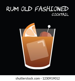 Rum old fashioned cocktail vector with orange wedge and cherry garnish on square black background.
