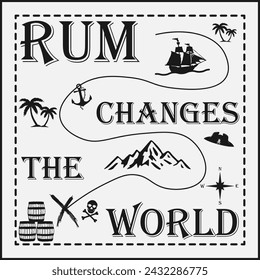Rum. Piraten. Piraten-Karte mit Schätzen. Rum verändert die Welt. Vektorgrafik. Für Web und Business.