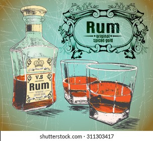 Rum Was Pour In Two Glasses With Bottle On Shabby Background.Design For Advertising Of Alcohol Drink.Vector Illustration