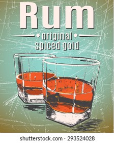 Rum was pour in two glasses.Design for advertising of alcohol drink.Vector illustration