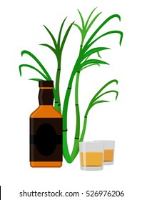Rum set. Alcohol drink, glasses, shots, bottle of rum. Flat style design. Vector illustration. Rum, whiskey, brandy, liquor for pubs, restaurants, hipster bars.