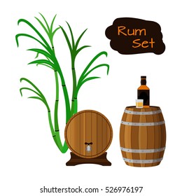 Rum set. Sugar cane, helm, barrels, glass, bottle of rum.