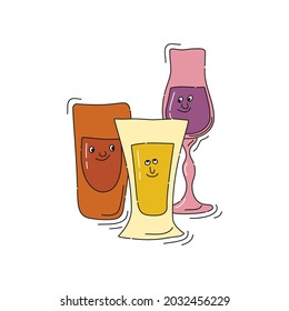 Rum tequila liquor glassware with smile face on white background. Cartoon sketch. Doodle style with black contour line. Cute hand drawn glass. Party drinks concept. Kawaii freehand drawing style.