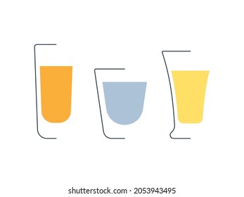 Rum vodka and tequila glass in minimalist linear style. Contour of glassware on left side in form of fine black line. Drink is depicted in form of shape with colored fill. Isolated image. Vector.
