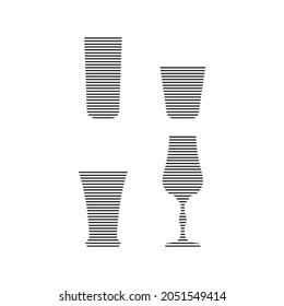 Rum, vodka, tequila, liquor glass in minimalist linear style. Silhouette of glassware performed in the form of black thin lines. Three alcohol objects in a row. Vector isolated image on white backdrop