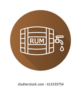 Rum wooden barrel. Flat linear long shadow icon. Alcohol barrel with tap and drop. Vector line symbol