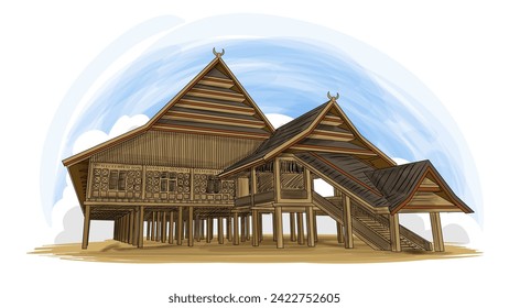 Rumah Balla Rompoa South Sulawesi Indonesia Tradicional Casa de dibujos animados mano trazada ilustración