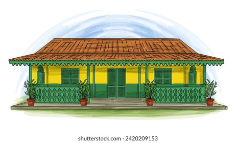 Rumah Betawi Traditional Betawi Jakarta Indonesia House Cartoon Hand Drawn Illustration