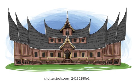 Rumah Gadang West Sumatra Indonesia Traditional House Cartoon Hand Drawn Illustration