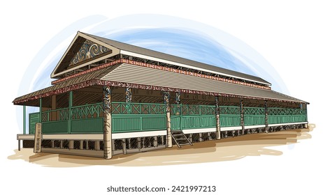 Rumah Lamin East Kalimantan Indonesien Traditioneller Cartoon-Handgezeichnete Illustration