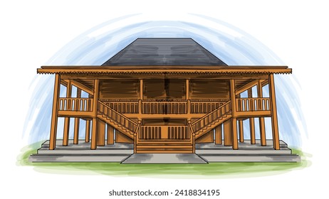 Rumah Limas Traditionelles Südsudan Sumatera Indonesien House Cartoon handgezeichnete Illustration