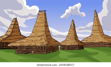 Rumah Musalaki Traditional House of East Nusa Tenggara Indonesia Cartoon Hand Drawn Illustration