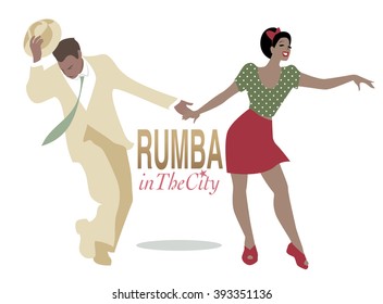 Rumba in the city. Handsome man and pin-up girl dancing latin music