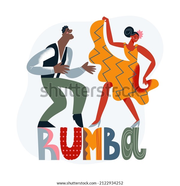 Rumba dance to latin music of couple people vector\
illustration. Cartoon motion of adult woman and man dancers and\
rumba creative lettering, pair of performers dancing in ballroom\
isolated on white