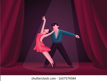 Rumba dancers couple flat color vector illustration. Latino ballroom dance contest participants 2D cartoon characters. Salsa, Argentine tango partners with stage curtains on background