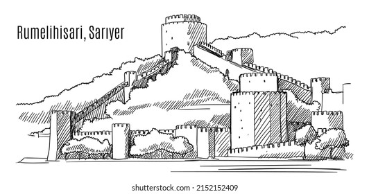Rumelihisari castle fortress vector hand drawn sketch line illustration. Sea cruise tour of historical and cultural places, ancient buildings for travel Sarıyer or tourist