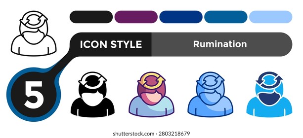 Rumination icon for representing repetitive thinking systems, mental looping, and over analysis behavior. Line, Filled, Color style.