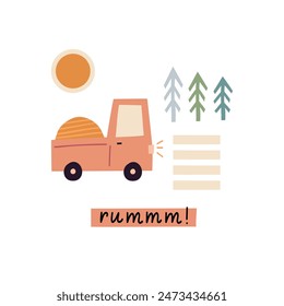 Rummm! handwritten lettering, flat cute truck with trees and crosswalk isolated on white background. Cute cartoon vector illustration. Childish city cars t shirt print, fun design