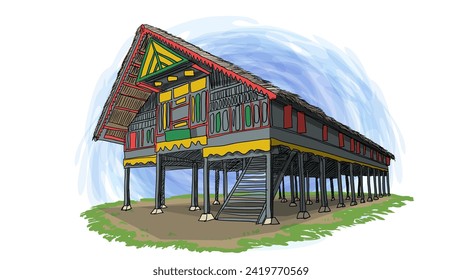 Rumoh Aceh Traditional Indonesia House Cartoon Hand Drawn Illustration svg