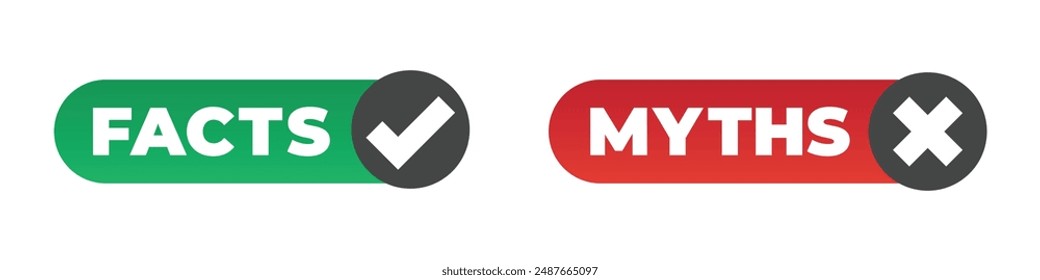 Rumor dishonest news myths versus facts badge, flat desing. Vector untruth, superstition evidence reality show badge, truth and false badge, disbelieve quiz header. Truth or lie quiz, fake or proof