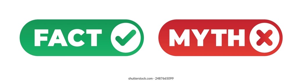 Rumor dishonest news myths versus facts badge, flat desing. Vector untruth, superstition evidence reality show badge, truth and false badge, disbelieve quiz header. Truth or lie quiz, fake or proof