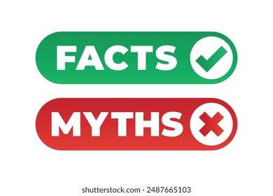 Rumor dishonest news myths versus facts badge, flat desing. Vector untruth, superstition evidence reality show badge, truth and false badge, disbelieve quiz header. Truth or lie quiz, fake or proof