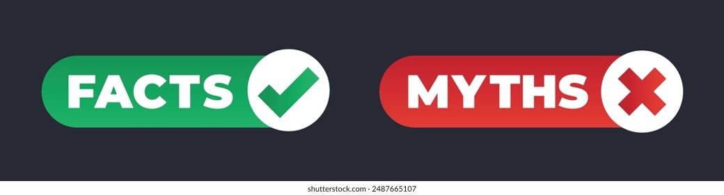 Rumor dishonest news myths versus facts badge, flat desing. Vector untruth, superstition evidence reality show badge, truth and false badge, disbelieve quiz header. Truth or lie quiz, fake or proof