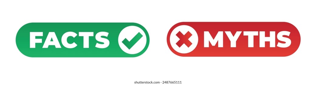 Rumor dishonest news myths versus facts badge, flat desing. Vector untruth, superstition evidence reality show badge, truth and false badge, disbelieve quiz header. Truth or lie quiz, fake or proof