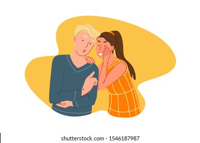 Rumors Spread, Gossiping Concept. Friends Sharing Latest News, Young People Private Conversation, Woman Whispering Man Secret, Social Communication, Word Of Mouth Marketing. Simple Flat Vector