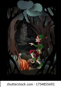 Rumpelstiltskin character dancing near fire in front of dark forest and castle. Fairy tale book cover vector illustration