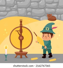 Rumpelstiltskin fairy tale for children. Kawaii cartoon character. Old vintage spinning wheel with wheat. Vector illustration for fairytale book cover.