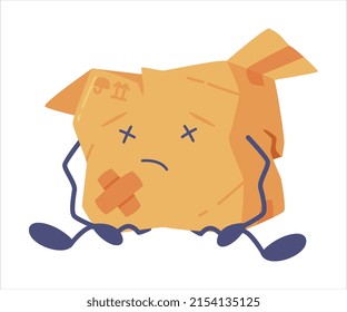 rumpled Delivery Cardboard Box Character Sitting with Adhesive Plaster Vector Illustration