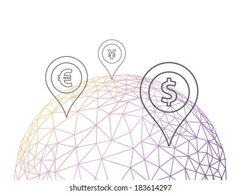Rumpled triangular low poly style geometric pattern texture globe with money location indicator abstract vector illustration graphic