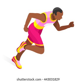 Run 100 Metres Dash Athletic Isolated Sportsman Game. Speed Concept. 3D Isometric Athlete Person. Sport Athletic Sneakers. Sport Race Runner. Sport Infographic Track Field Events Vector Image