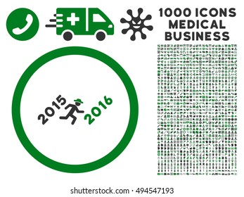 Run to 2016 Year icon with 1000 medical business green and gray vector pictographs. Clipart style is flat bicolor symbols, white background.