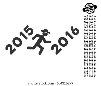 Run To 2016 Year icon with black bonus profession pictograph collection. Run To 2016 Year vector illustration style is a flat gray iconic element for web design, app user interfaces.