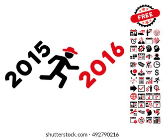 Run to 2016 Year icon with bonus calendar and time management design elements. Vector illustration style is flat iconic bicolor symbols, intensive red and black colors, white background.